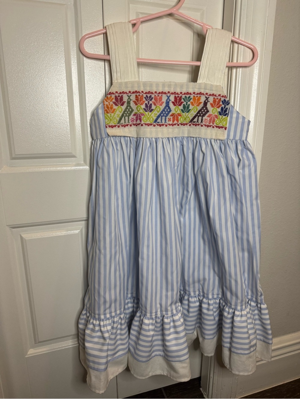 Girls Blue & White Striped Smocked Sundress with Multicolor Embroidery